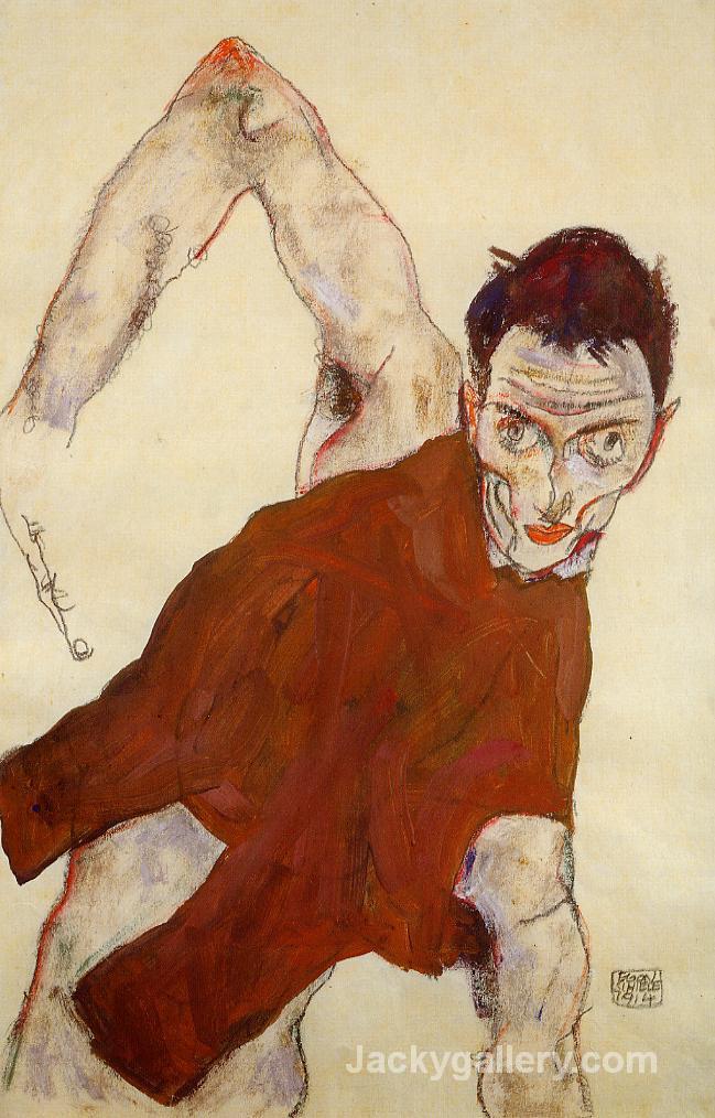 Self portrait in a jerkin with right elbow raised by Egon Schiele paintings reproduction